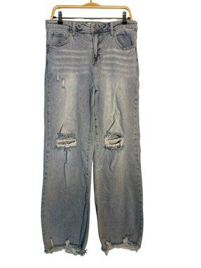 Risen Distressed Light Wash Wide-Leg Frayed Hem Jeans Size 15/32